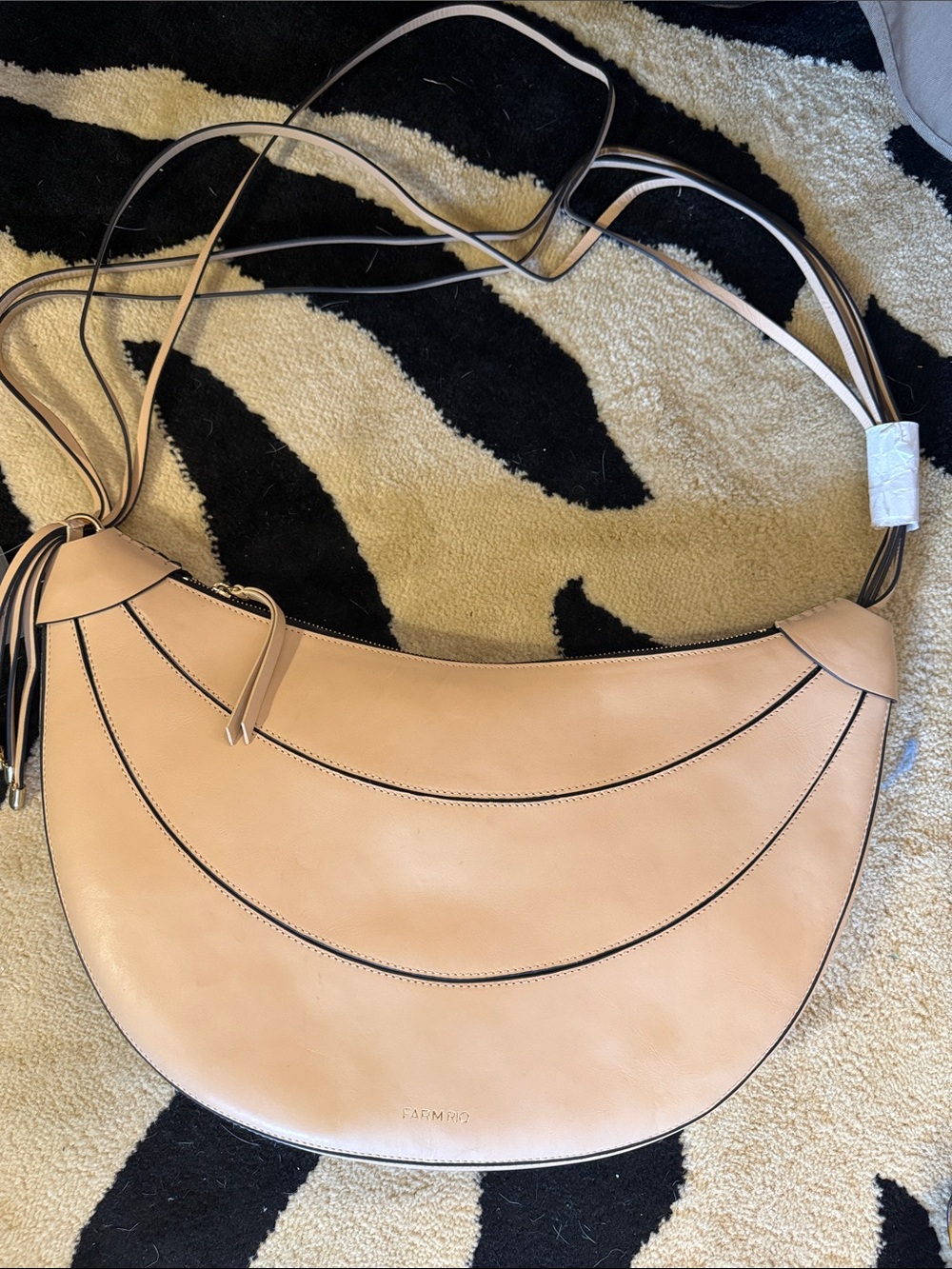 FARM Rio Crescent Shoulder Bag in Light Tan with Black Trim
